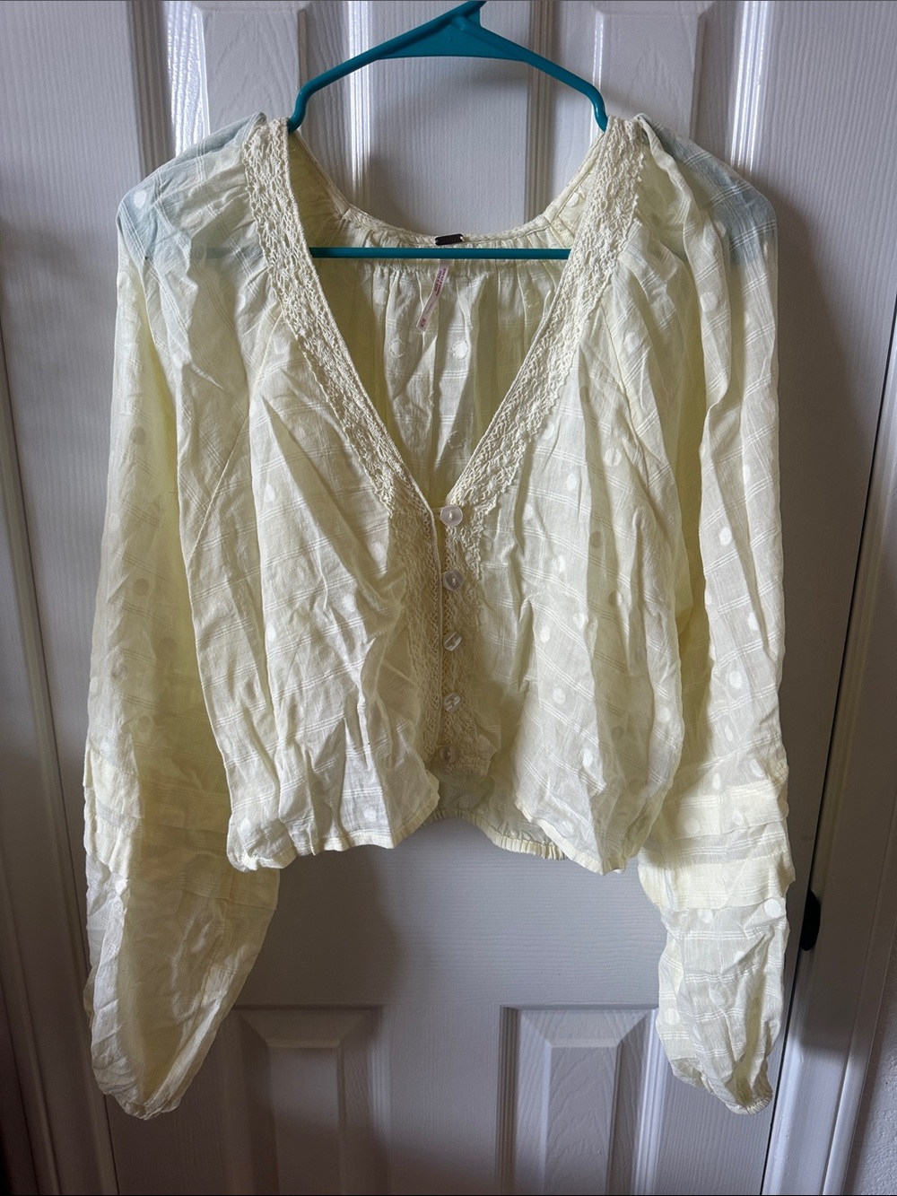Free People Pale Yellow Button-Front Peasant Blouse